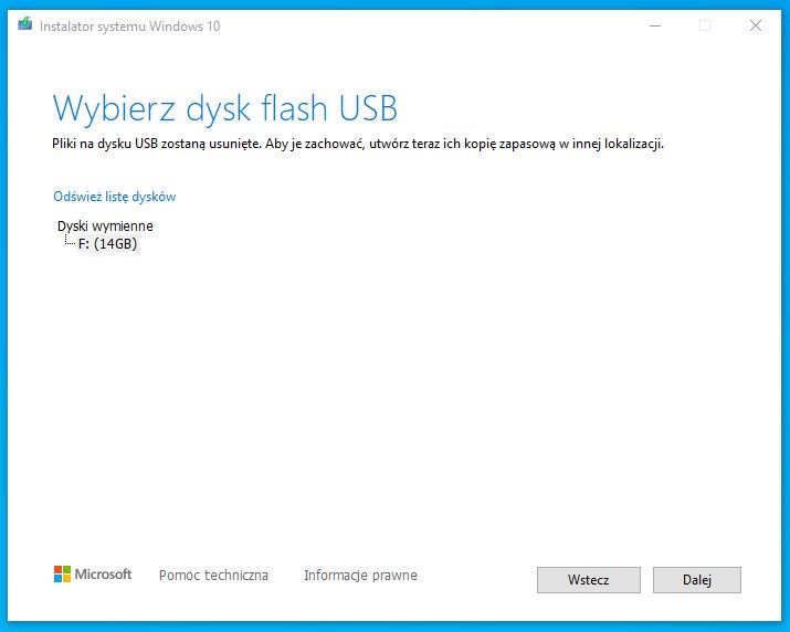 wybierz odpowiedni pendrive i kliknij Dalej