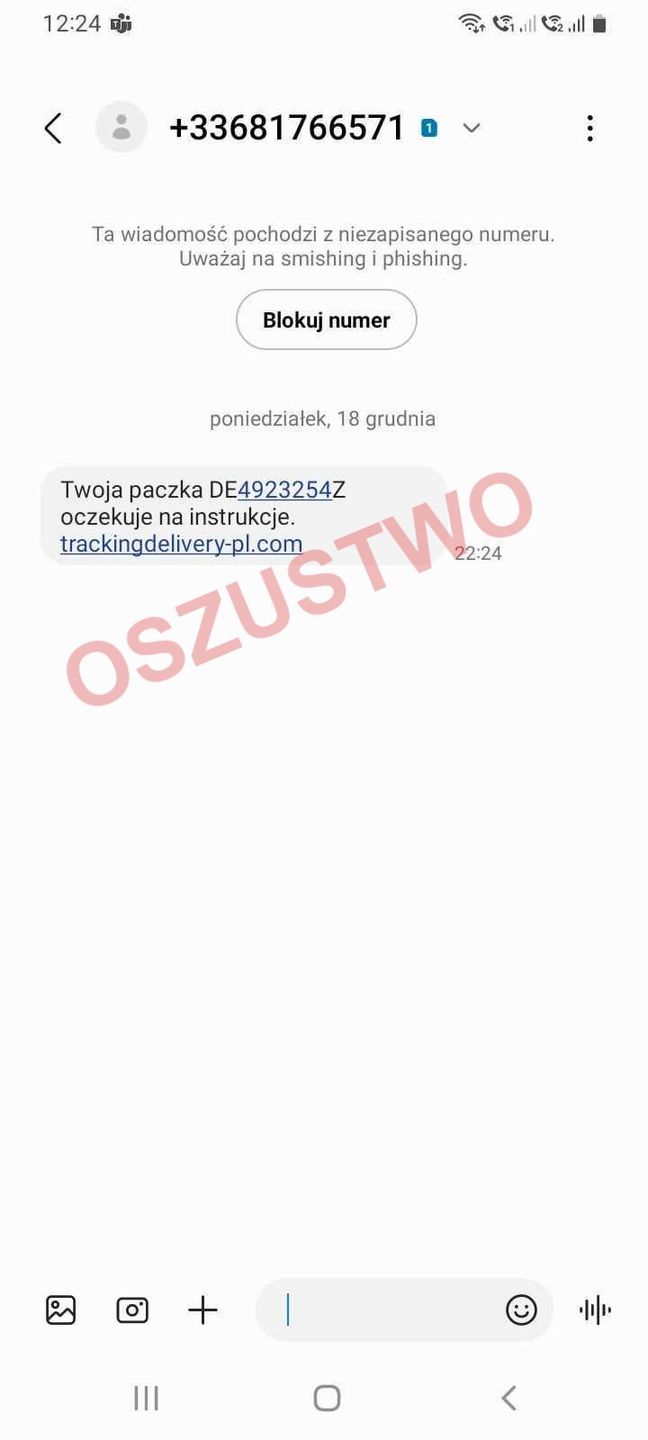 Przykład SMSa z wiadomością od oszustów zachęcający do przejścia na zainfekowaną stronę internetową