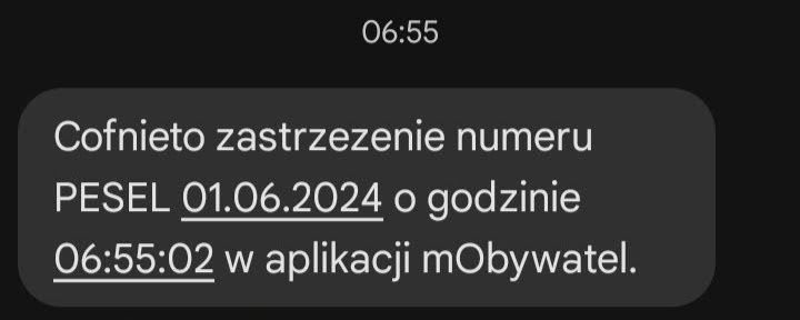 sms powiadamiający o cofnięciu zastrzeżenia PESEL