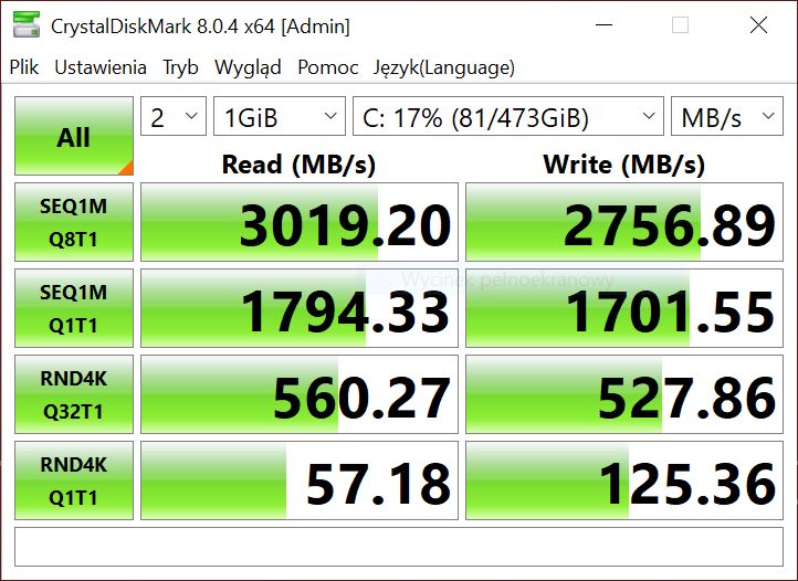 Fujitsu Lifebook U9311 - testy dysku w CrystalDiskMark