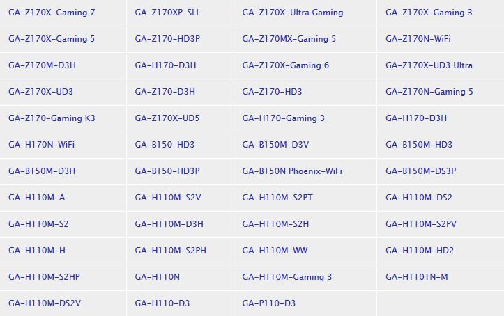 Gigabyte - lista kompatybilnych płyt głównych z Intel Kaby Lake