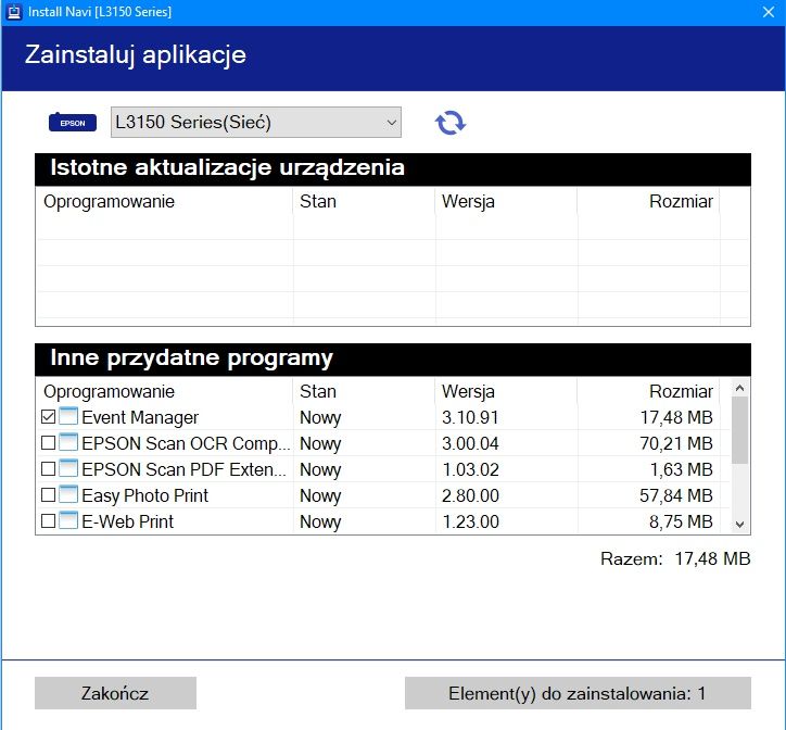 Epson instalacja aplikacje