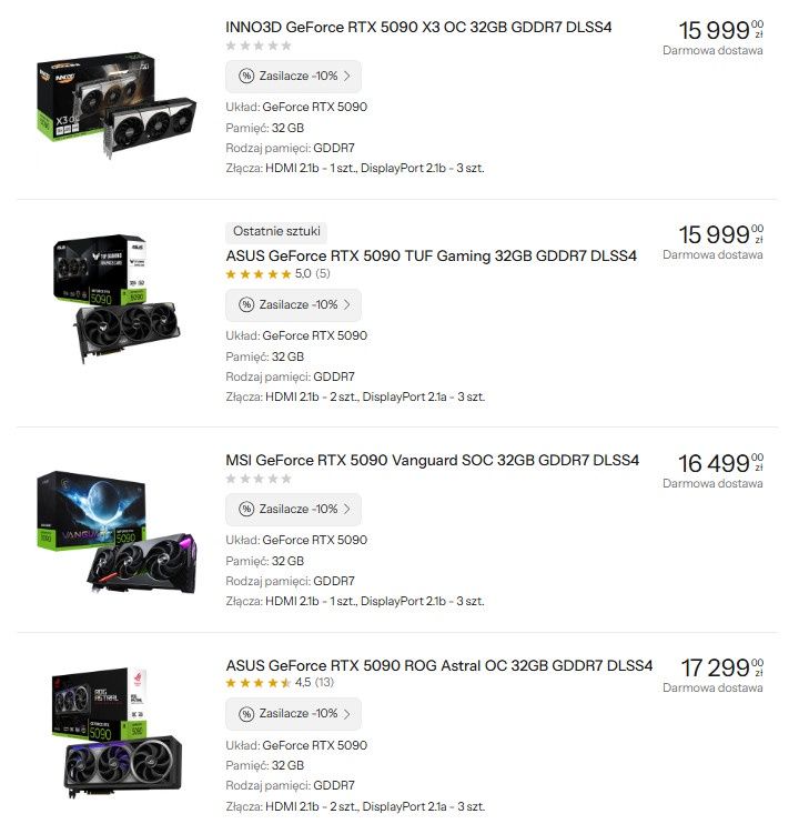 GeForce RTX 5090 - ceny kart graficznych