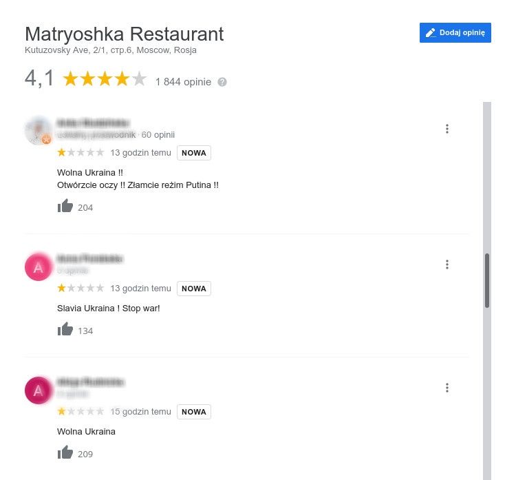 review bombing restauracje rosja