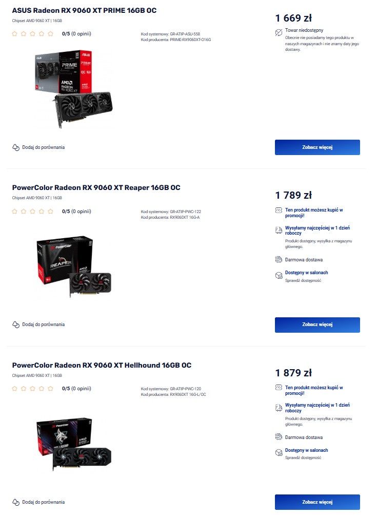 Radeon RX 9060 XT - ceny w sklepach