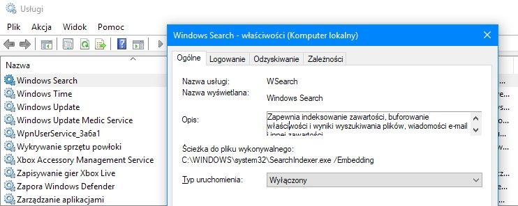 Usługa Windows Search wyłączanie