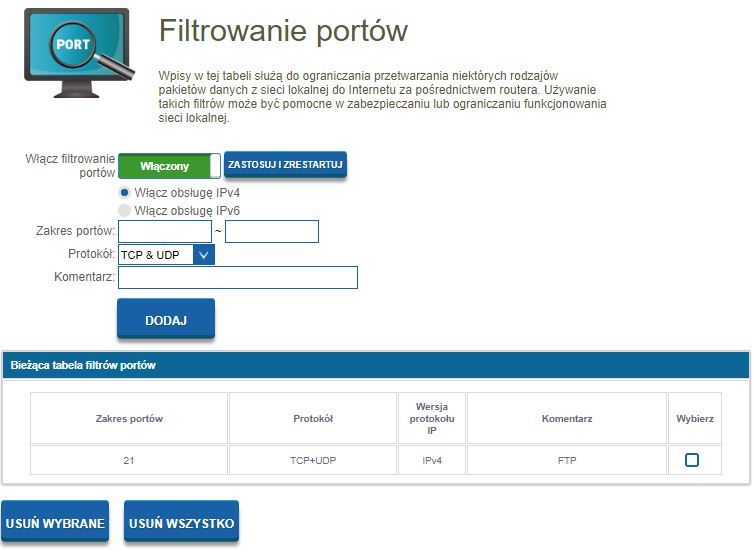 Filtrowanie portów