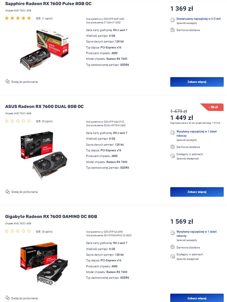 Radeon RX 7600 - oferty sklepów