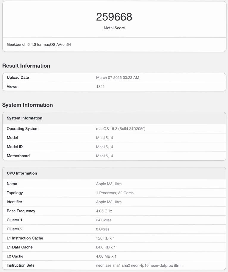 Mac Studio m3 ultra Geekbench 6 metal