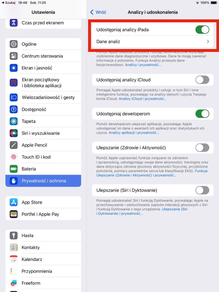 Udostępniaj analizy iPada