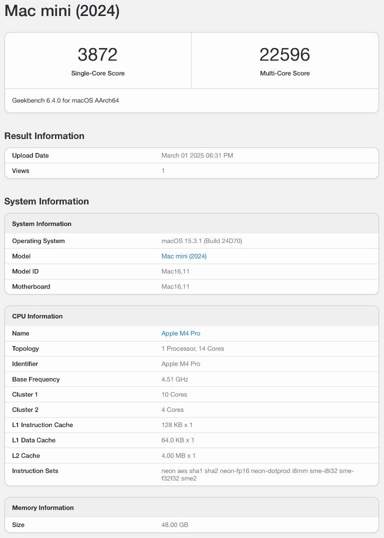 Mac mini M4 Pro - Geekbench 6 CPU