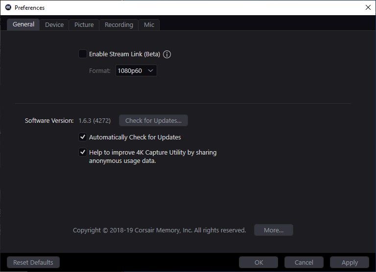 Elgato 4K60 Pro - ustawienia główne