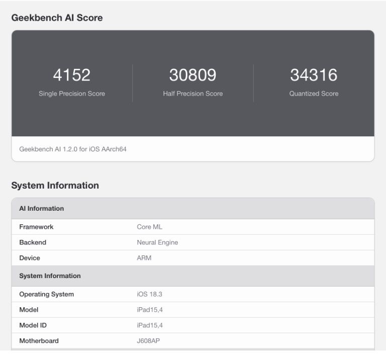 iPad Air M3 - Geekbench AI neural engine