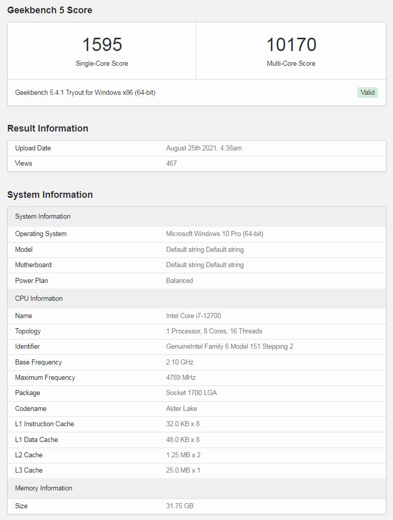 Intel Core i7-12700 - testy wydajności w benchmarku Geekebench