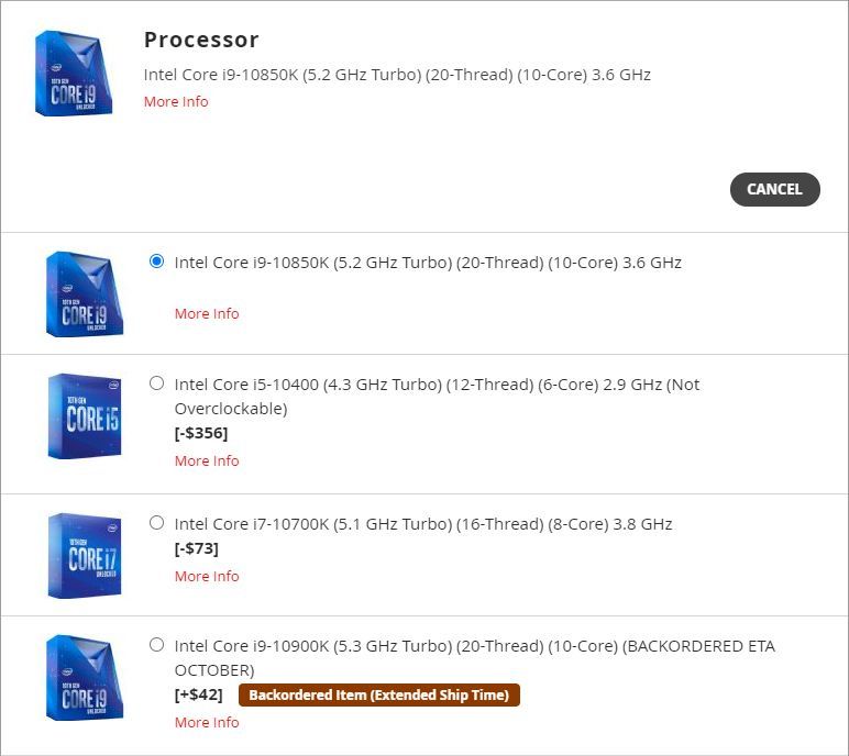 Intel Core i9-10850K - opcja wyboru procesora