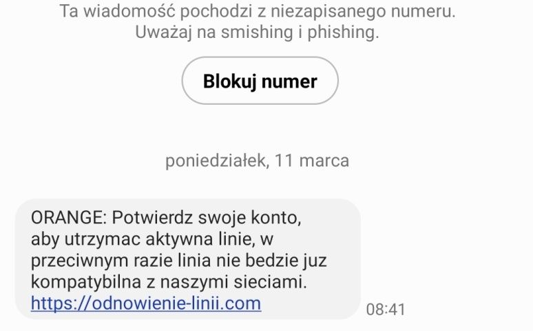 Fałszywy SMS z Orange