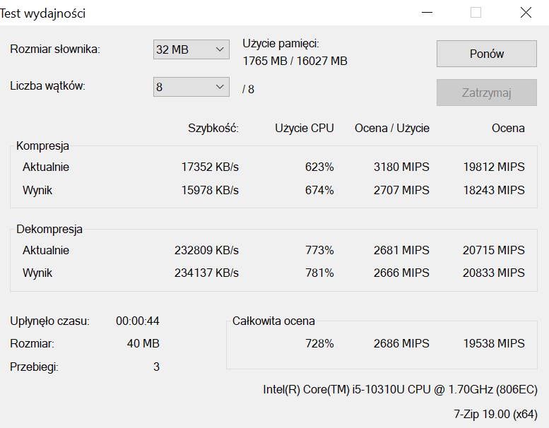 Fujitsu Lifebook U9310X - testy 7-zip