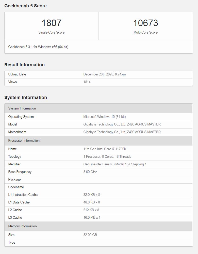 Intel Core i7-11700K - wydajność procesora w benchmarku Geekbench 5