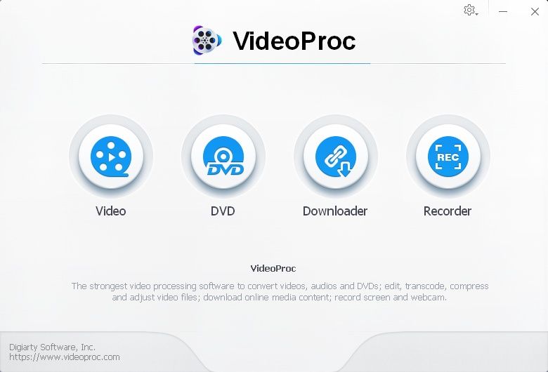 VideoProc ekran startowy