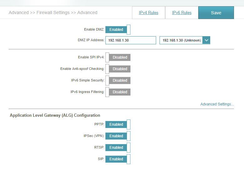 Okno funkcji Firewall w D-Link DID-842
