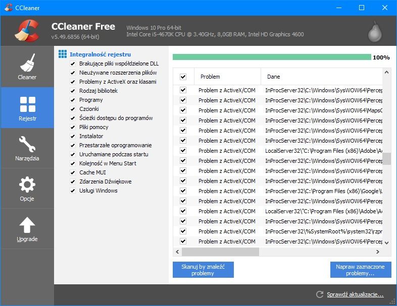 CCleaner oczyszczanie rejestru