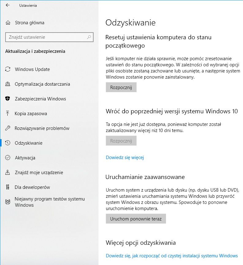 Windows 10 odzyskiwanie