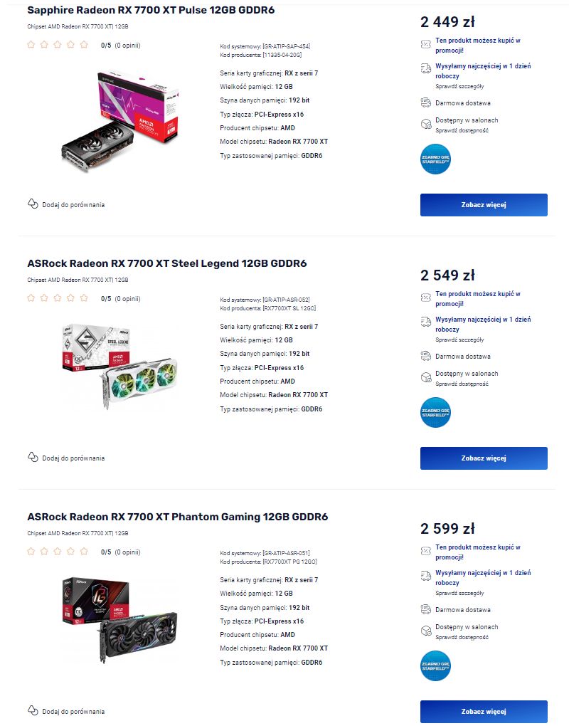 Radeon RX 7700 XT - ceny kart graficznych