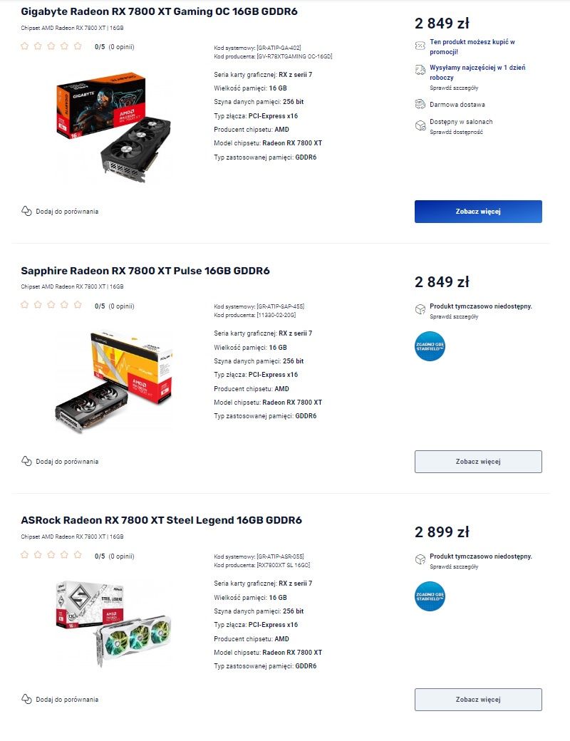 Radeon RX 7800 XT - oferty kart