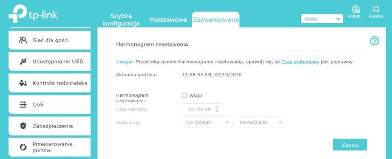 TP-Link Archer AX50 - Harmonogram restartowania