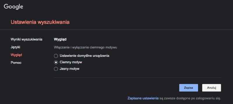 Ciemny motyw Google