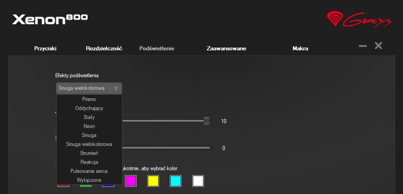 Oprogramowanie Xenon 80 podświetlenie