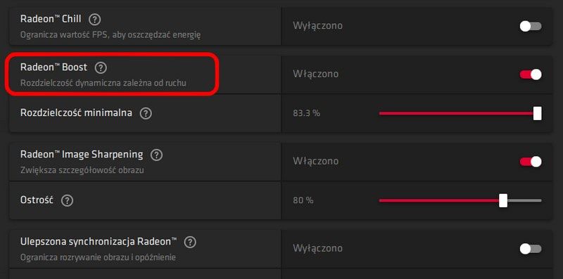 Ustawienia Radeon Boost