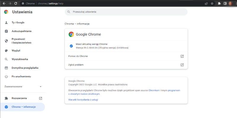 wersja oprogramowania Chrome