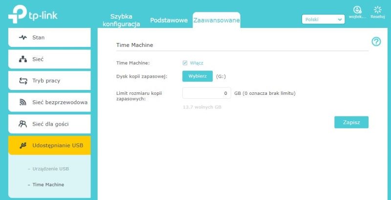 TP-Link Archer AX50 - Ustawienia Time Machine