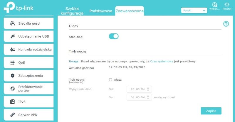 TP-Link Archer AX50 - Ustawienia Diody