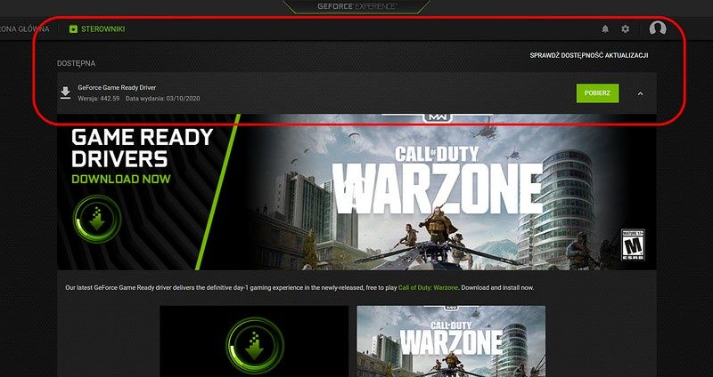 GeForce Experience - aktualizacja sterowników
