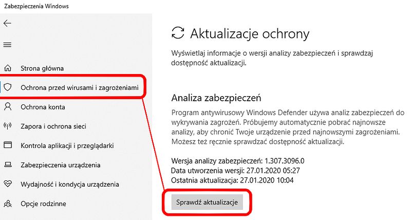 Ręczna aktualizacja definicji Windows Defender
