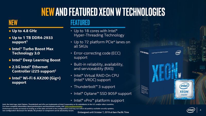Intel Xeon W-2200 - specyfikacja procesorów