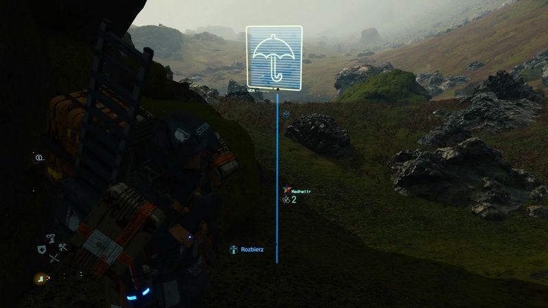 Death Stranding - znak schronienia przed deszczem