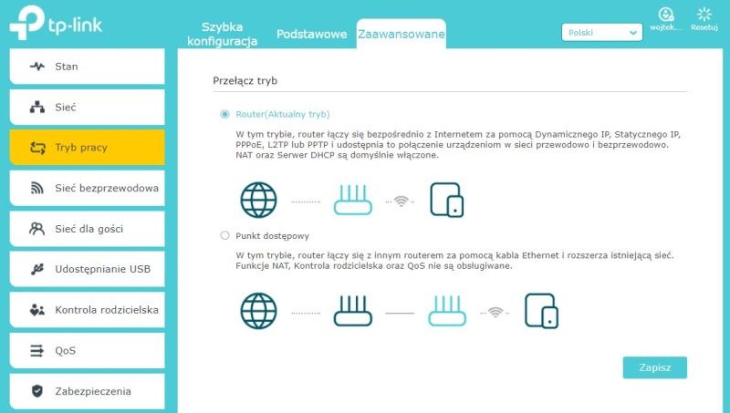 TP-Link Archer AX50 - Ustawienia trybu pracy