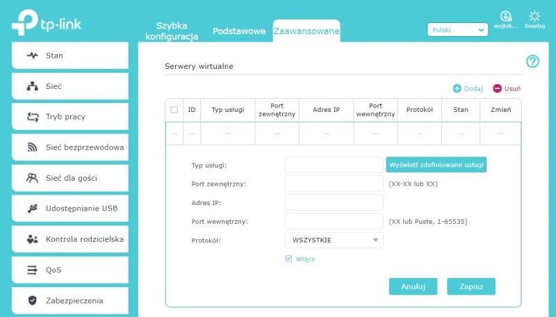 TP-Link Archer AX50 - Ustawienia wirtualnych serwerów
