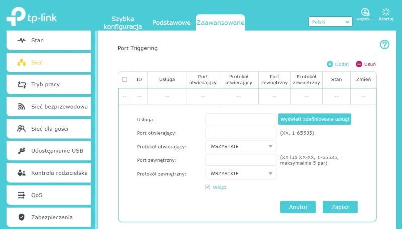TP-Link Archer AX50 - Ustawienia Port Tiggeringu