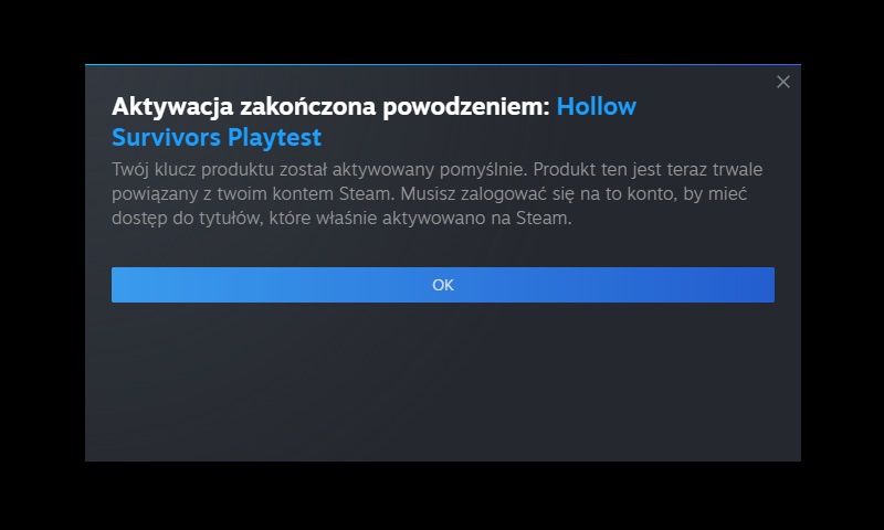Aktywacja klucza na Steam - klucz poprawny