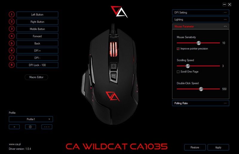 CA Wildcat - dodatkowe ustawienia myszki