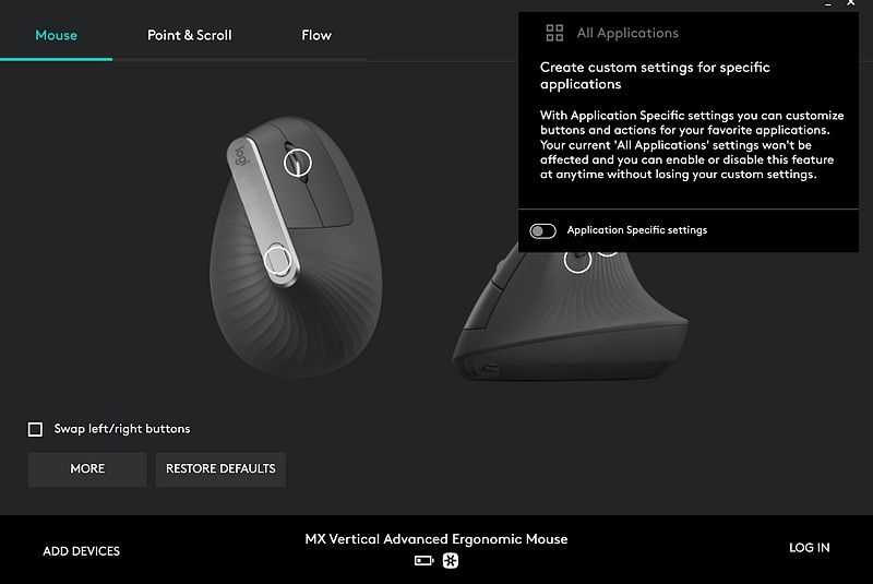 Oprogramowanie Logitech Options - menu Mouse