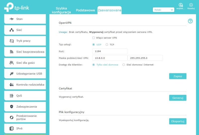 TP-Link Archer AX50 - Ustawienia OpenVPN
