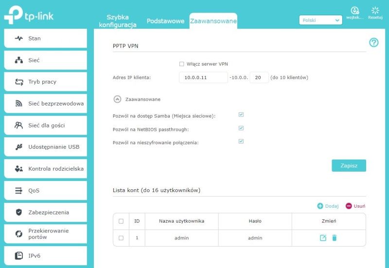 TP-Link Archer AX50 - Ustawienia PPTP VPN