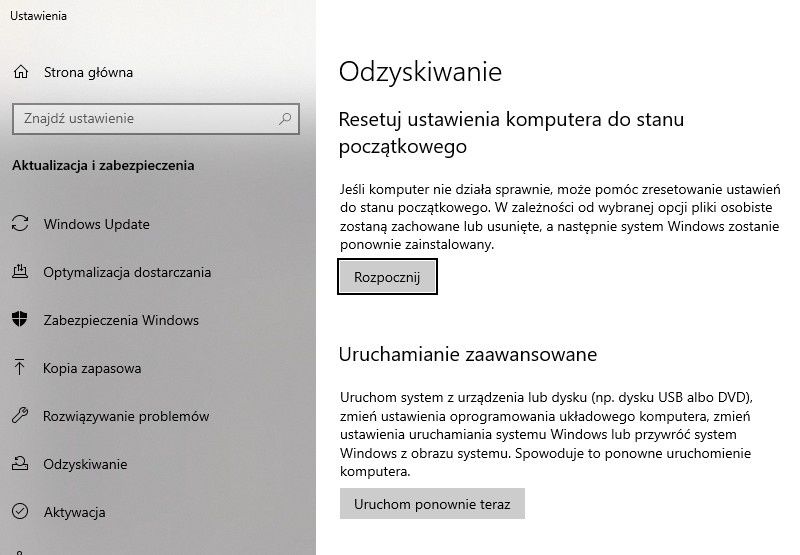 Resetowanie ustawień Windows 10 do stanu początkowego