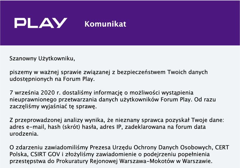 Forum Play - komunikat o wycieku
