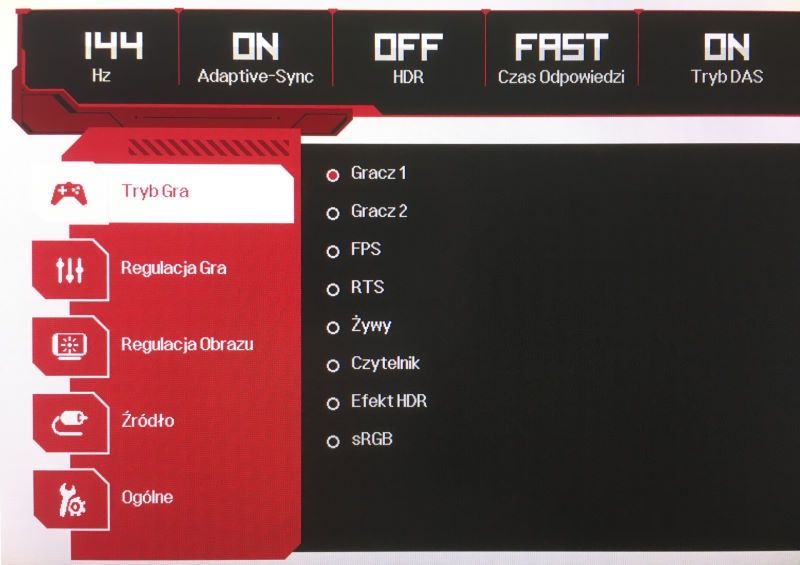 LG UltraGear 27GL850-B - menu wyboru profilu